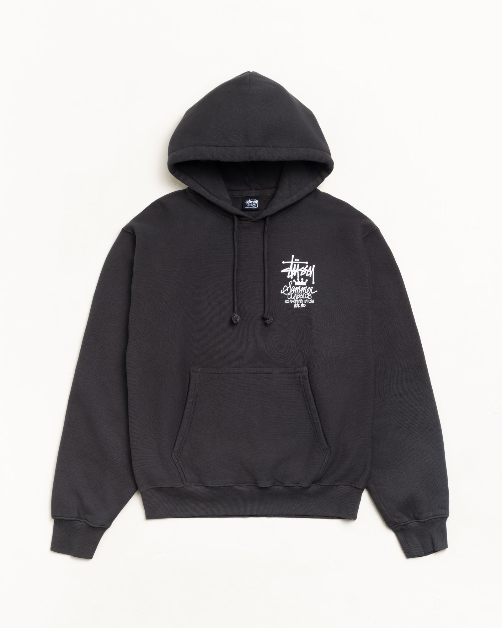 Faded black garment-dyed unisex hoodie with chest print, drawcord hood and kangaroo pocket