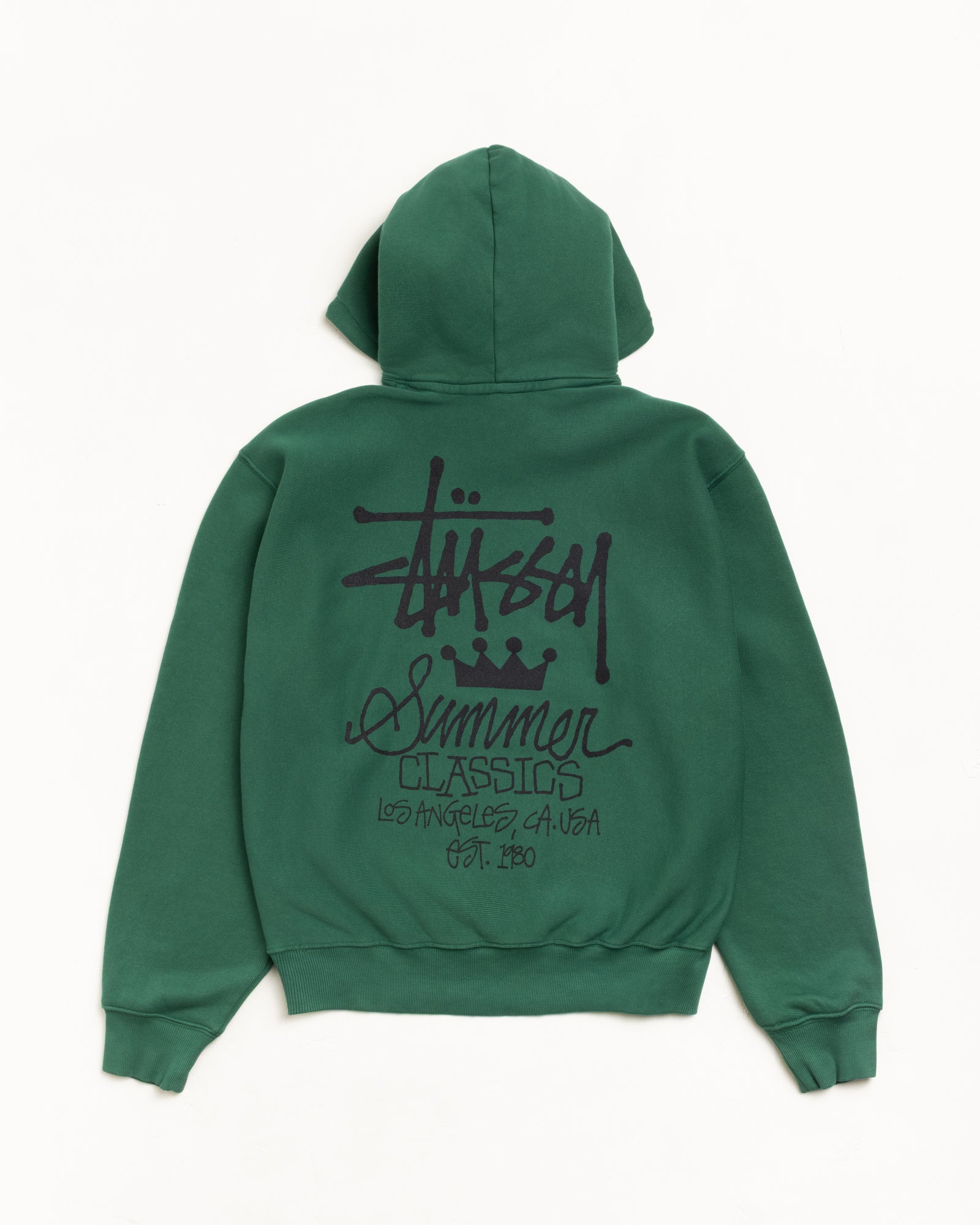 Garment Dyed Unisex Hoodie Long Sleeve In Pine Green Fleece With Back Graphic