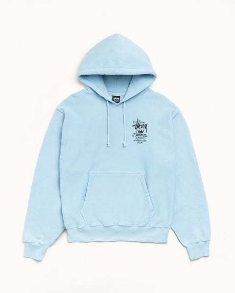 Sky blue unisex hoodie with chest logo, drawcord hood and kangaroo pocket