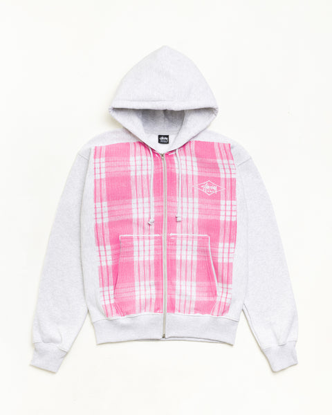 Plaid Zip Hood Unisex Long Sleeve In Ash Heather/pink