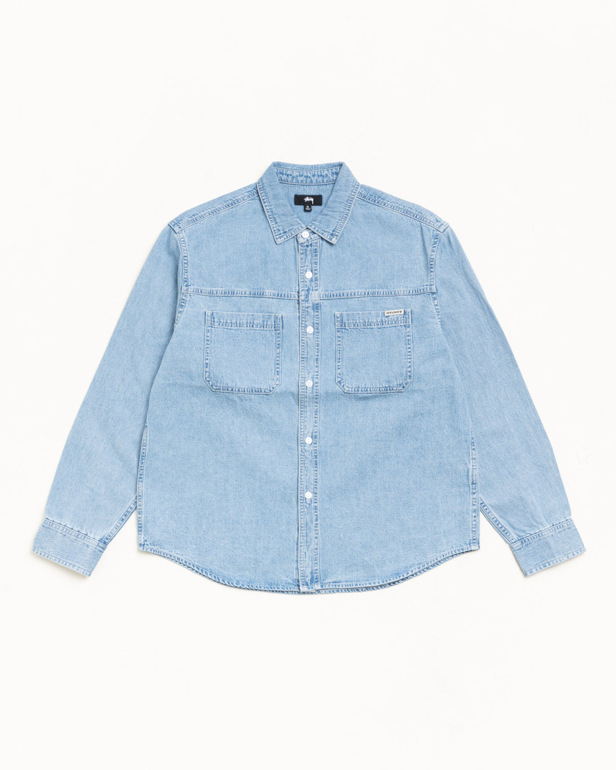Work Denim Shirt Mens Long Sleeve In Light Denim | hero:main:collection:new-arrivals,shirts,tops-shirts,all,tees,outerwear,denim,knits,accessories,sunglasses,hoodies,sweats,mens-hoodies-sweatshirts,shorts,pants,bottoms
