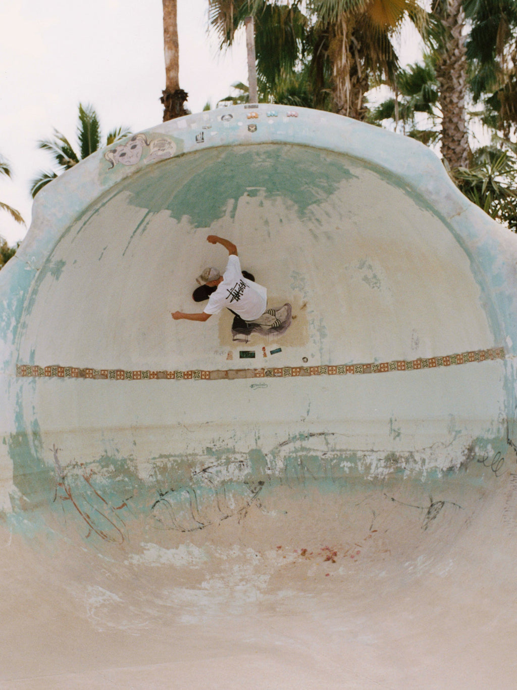 A skateboarder rides high on the wall of a large, weathered concrete bowl surrounded by palm trees wearing the Basic Stüssy Tee in White.