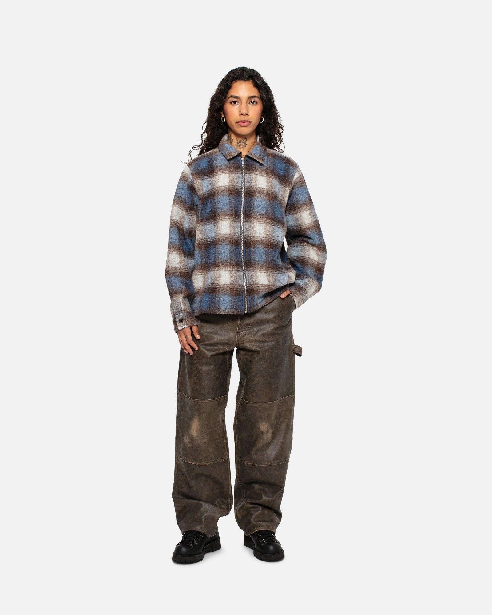 Brushed Wool Plaid Zip Shirt - Unisex Tops & Shirts | Stüssy